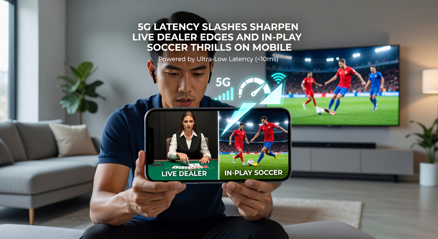 Dynamische in-play weddenschap op een mobiel scherm tijdens een live voetbalmatch, met 5G-icoon zichtbaar