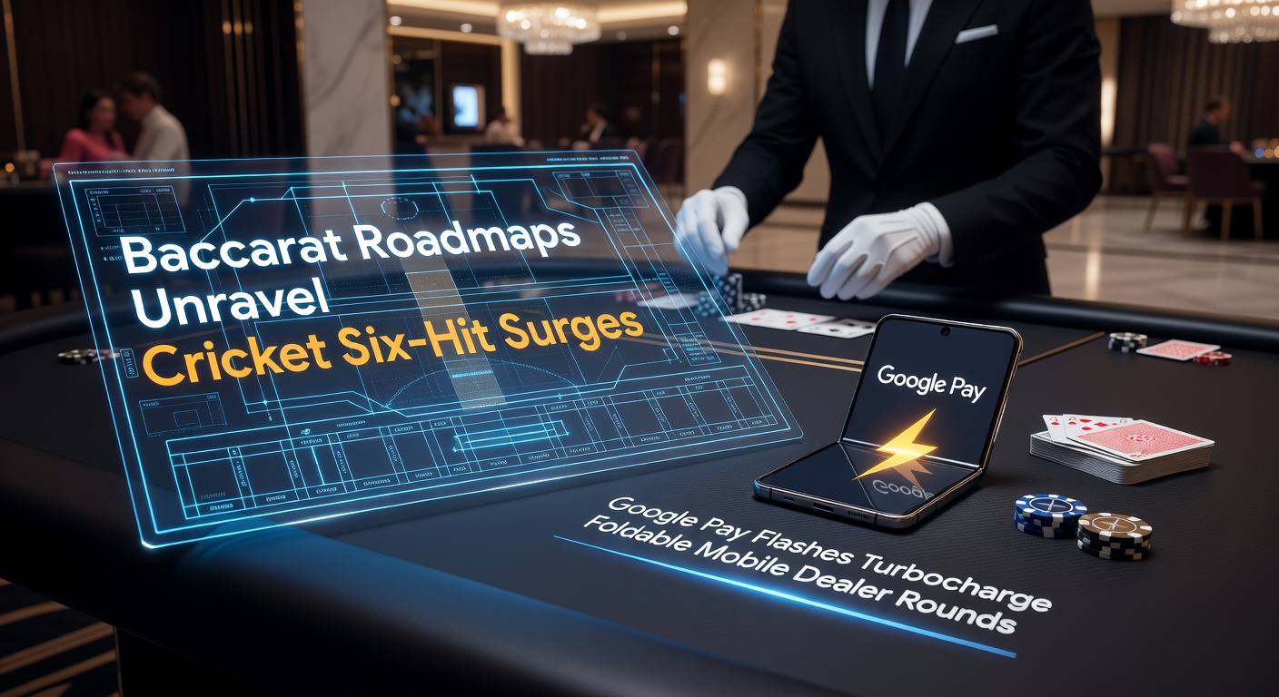Baccarat roadmap met cricket six-hit patronen op een opvouwbaar mobiel scherm, versneld door Google Pay transacties