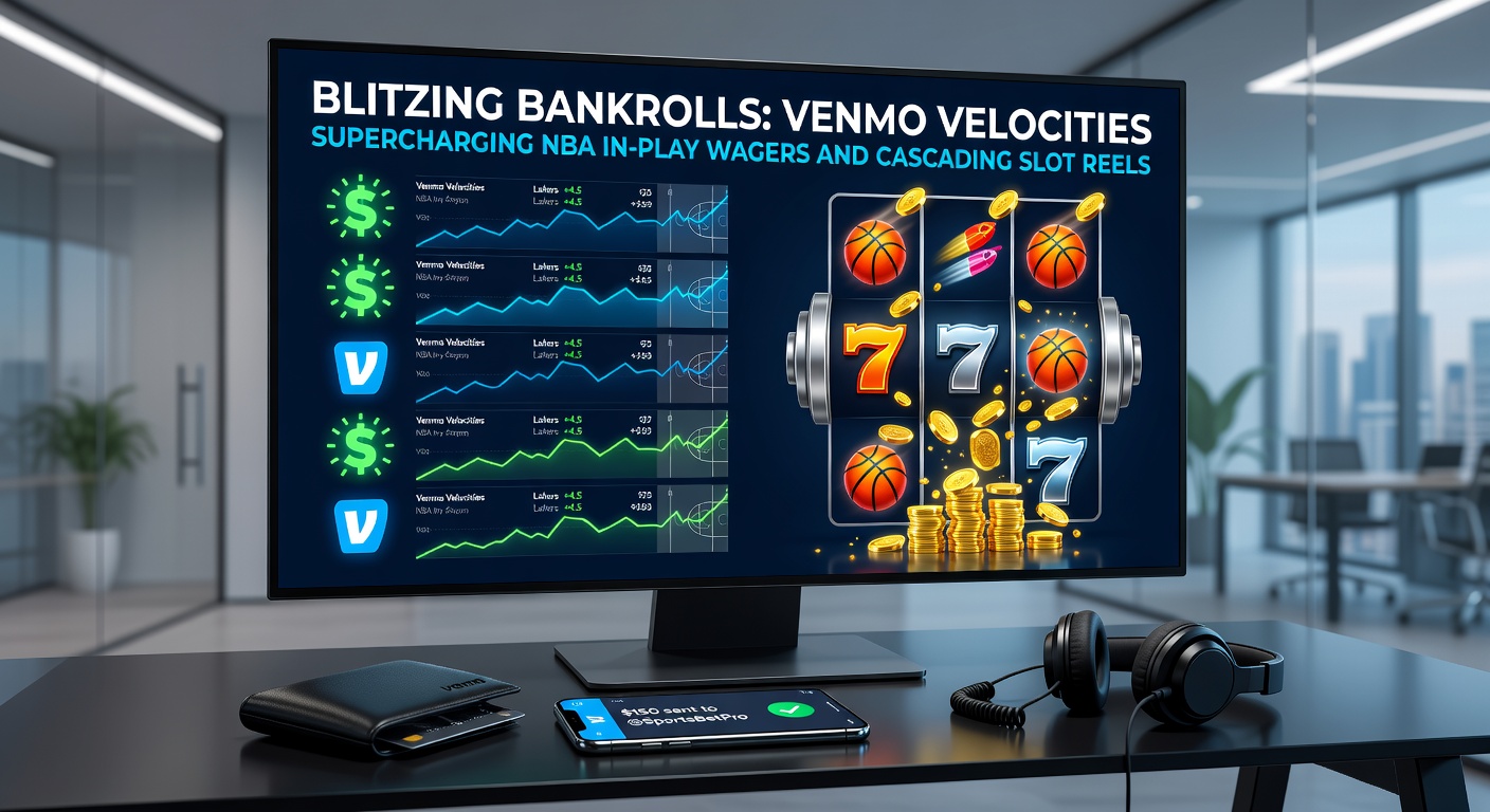 Live NBA in-play odds op een mobiel scherm naast een Venmo-bevestiging en een actieve cascading slot met vallende symbolen