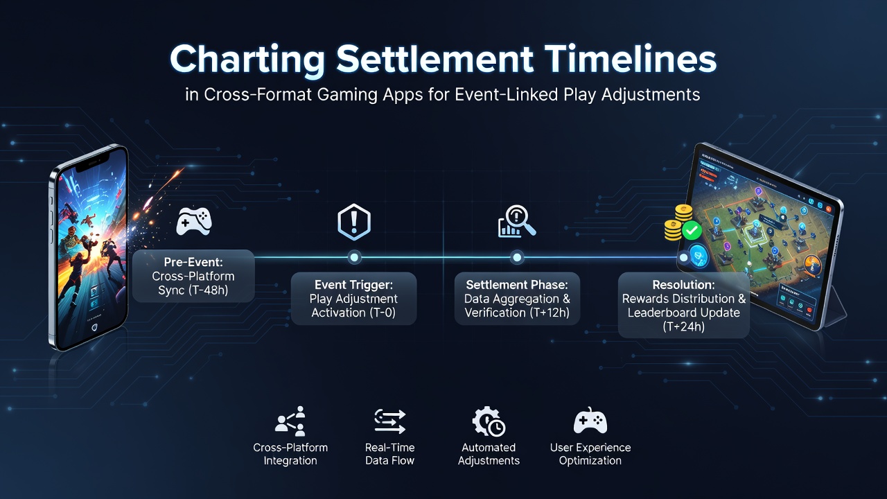 Overzicht van afwikkelprocessen in cross-format gaming apps met tijdlijnen en event-linked aanpassingen