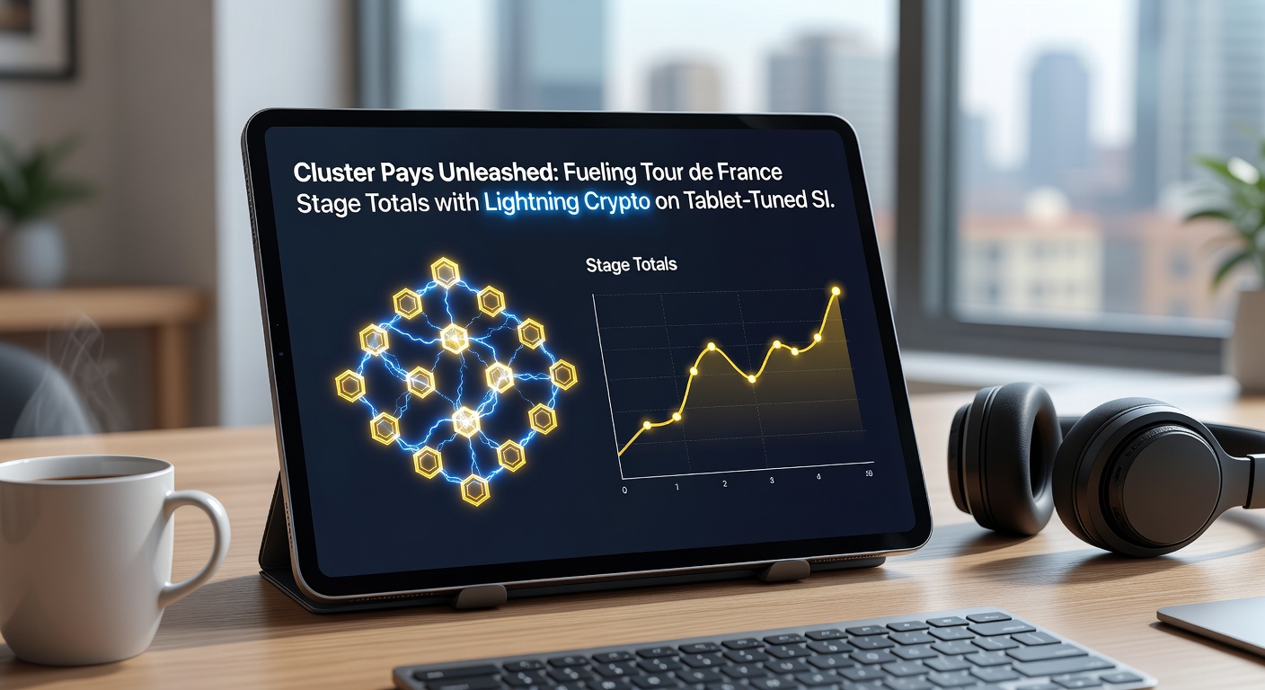 Tablet met geoptimaliseerde cluster pays slot en live Tour de France etappe-totalen naast lightning crypto wallet