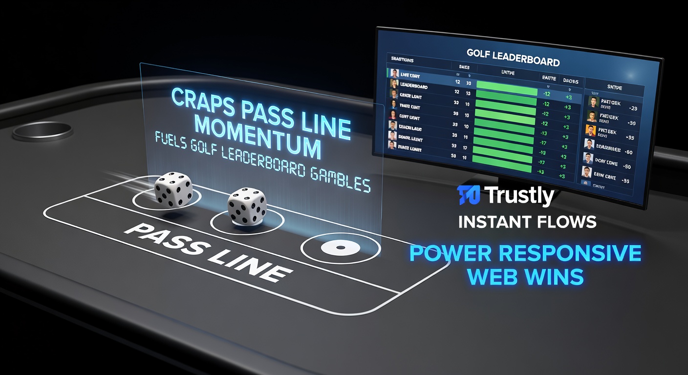 Een bruisende craps-tafel naast een digitaal golf-leaderboard, met Trustly-logo's die snelle transacties symboliseren