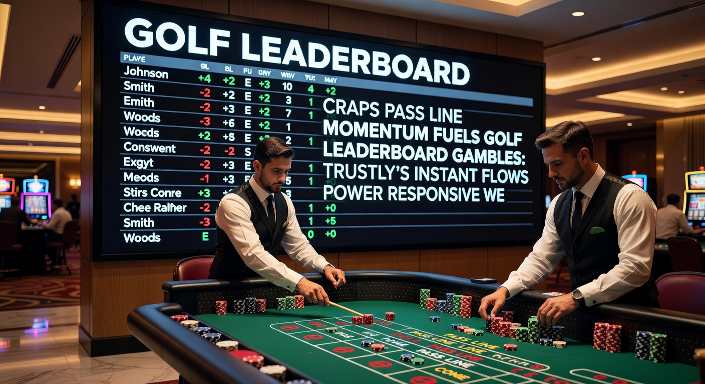 Schermafbeelding van een responsive web-app met craps pass line actie gekoppeld aan live golf leaderboard odds, Trustly checkout zichtbaar