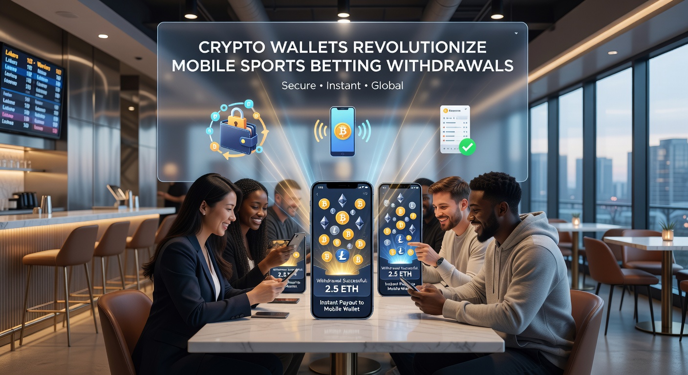 Mobiele telefoon met open crypto-portemonnee en sportweddenschap-app op scherm, symboliserend snelle uitbetalingen