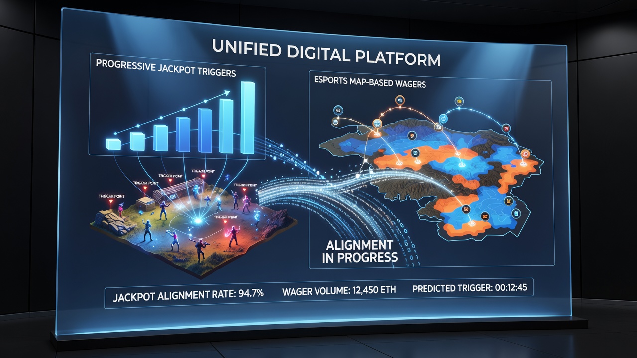 Unified digital platform interface displaying aligned jackpot and esports wager data streams