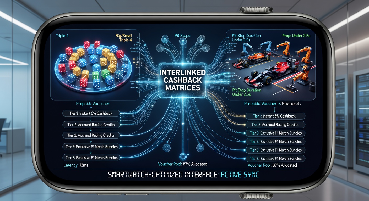 Illustratie van interlinked cashback matrices die Sic Bo combinaties koppelen aan Formule 1 pit stop prop markten via smartwatch interfaces