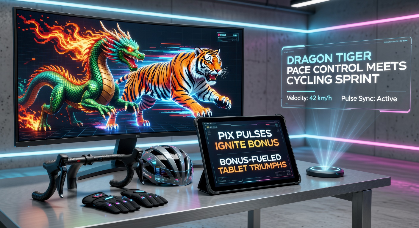 Dragon Tiger-speeltafel naast een sprintende wielrenner, met Pix-betaallogo en tablet-scherm vol bonussen