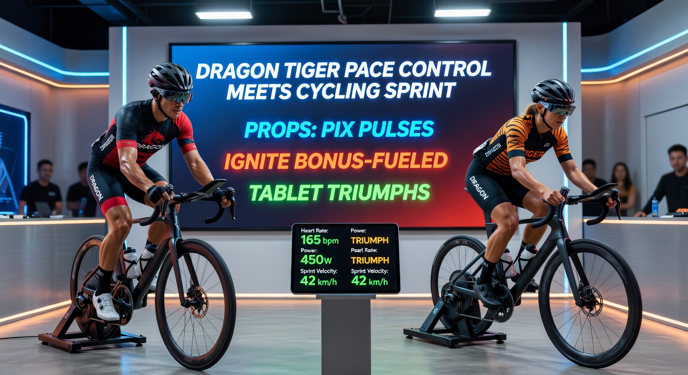 Tablet met Dragon Tiger-kaarten, wielrensprint grafiek en Pix-transactiebevestiging plus bonus-pop-up