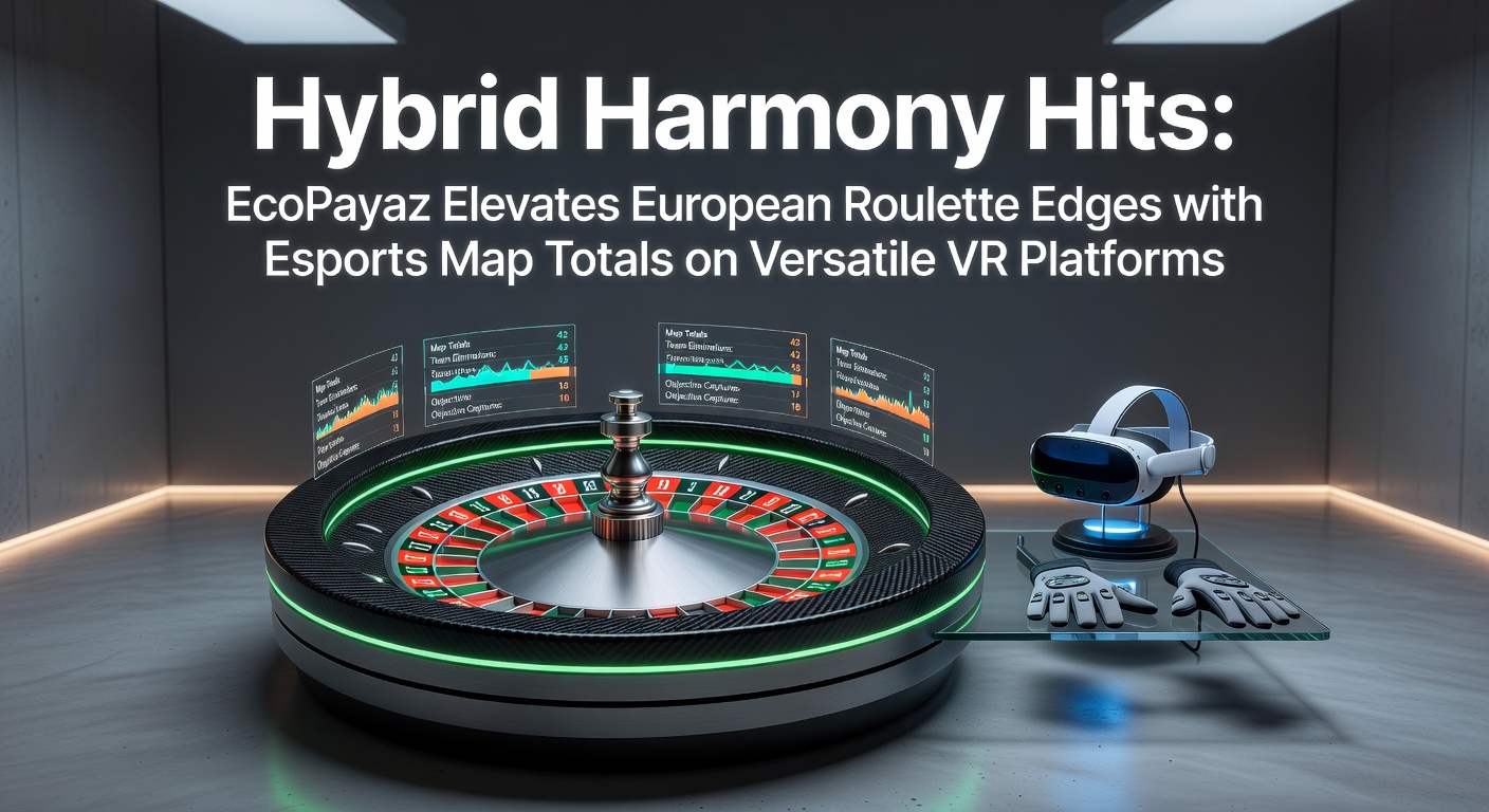 VR-bril toont Europese roulettewiel naast esports-kaart met EcoPayaz-betaallogo op digitaal scherm