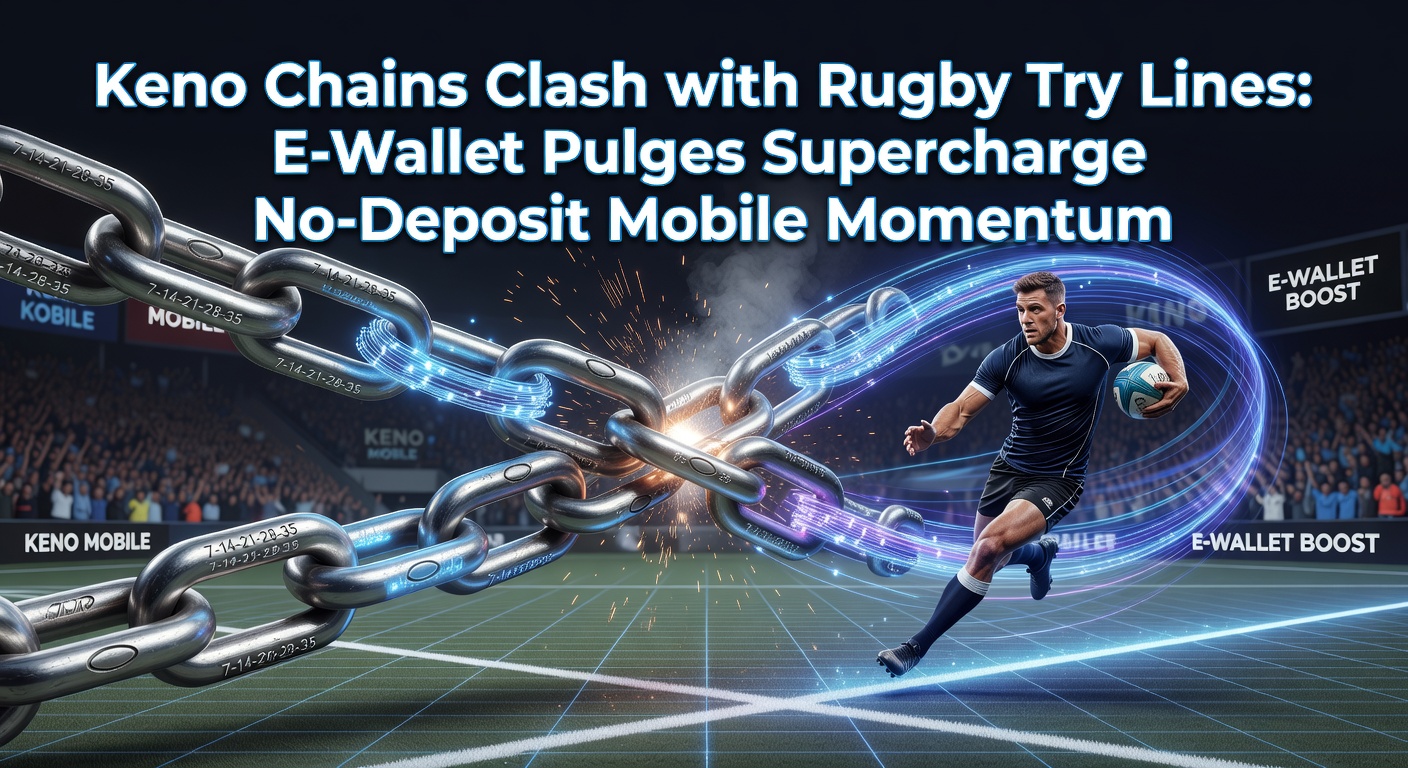 Schermafbeelding van een dynamische Keno-ketting met rugbyspelers die een try scoren, omringd door e-wallet iconen en mobiele no-deposit bonusmeldingen