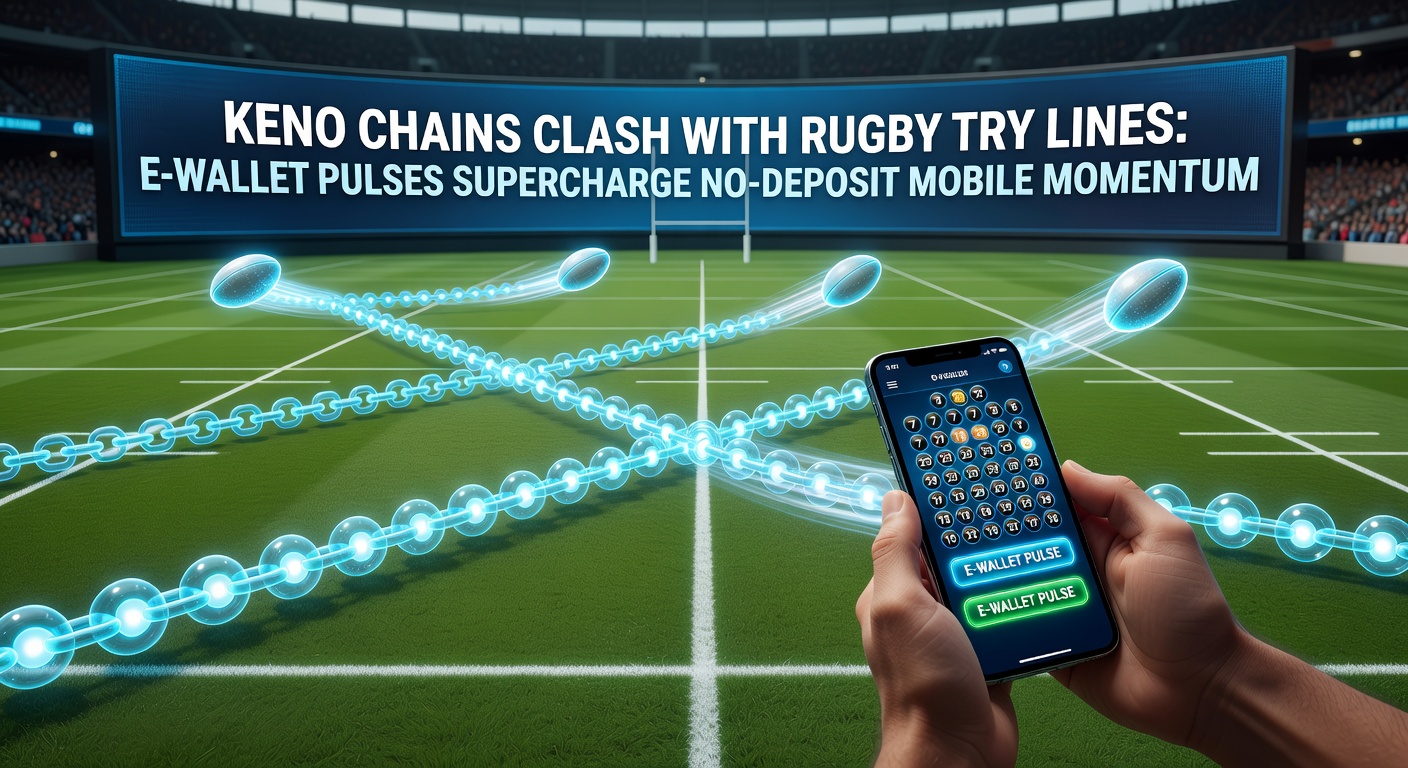 Grafiek met e-wallet transactiepieken naast Keno-ketens en rugby-try grafieken op een mobiel scherm, illustrerend no-deposit bonusactivatie