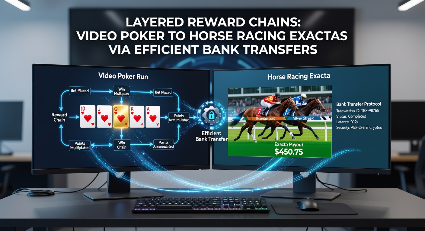 Illustratie van gelaagde beloningsketens die video poker runs koppelen aan horse racing exactas op desktop interfaces