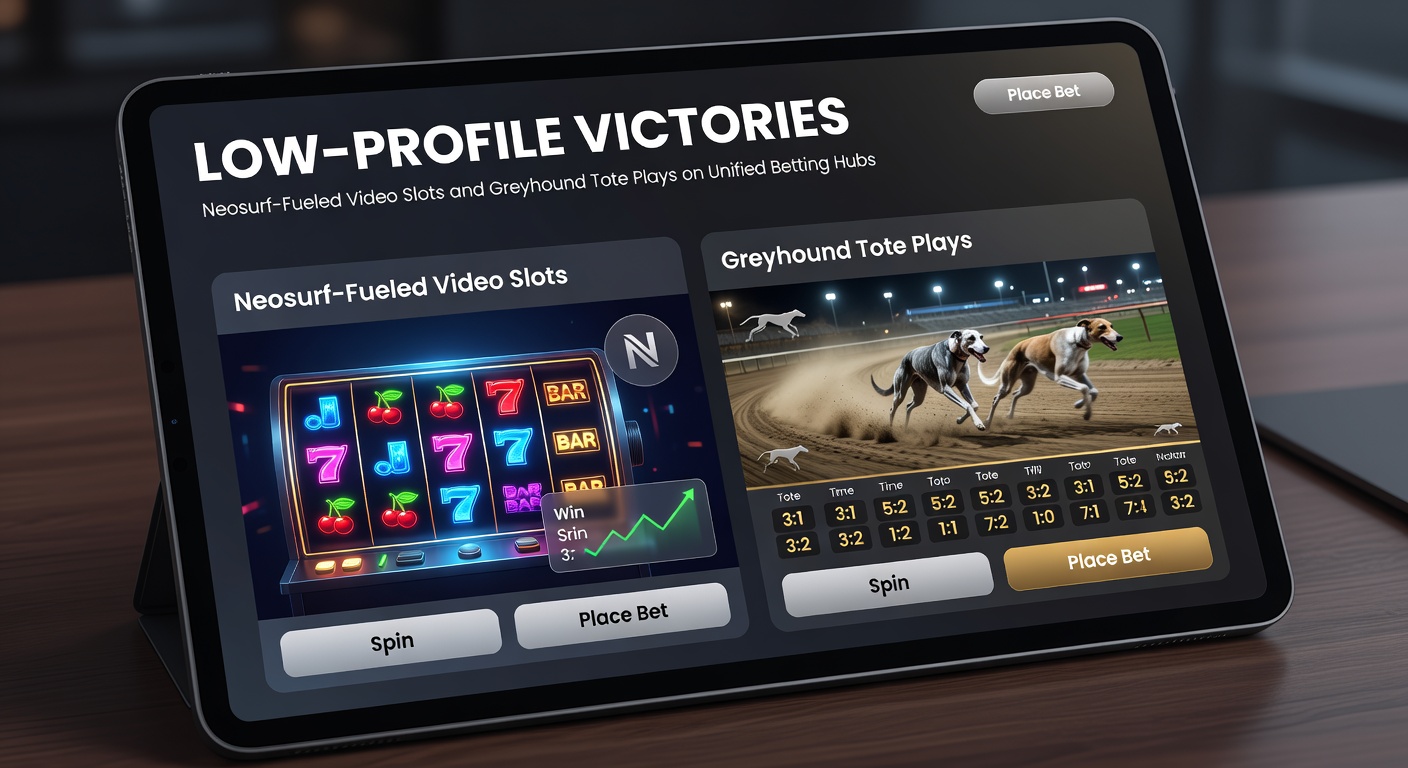 Schermafbeelding van een Neosurf-betaalinterface gekoppeld aan een videoslot en greyhound-race op een unified betting platform, met discrete transactie-overzichten