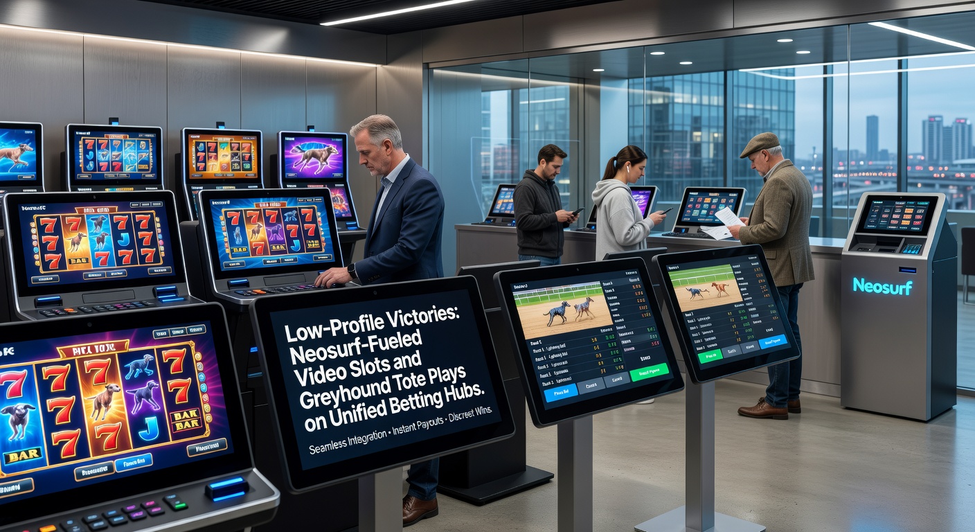 Live greyhound-race op een tote-board naast een draaiende videoslot op een mobiel unified betting hub, met Neosurf-stortingsbevestiging zichtbaar