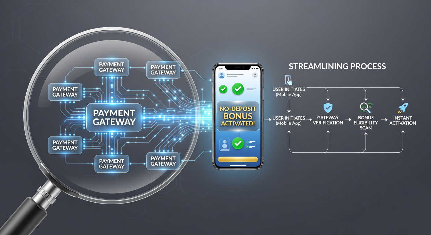 Mobiele interface met actieve no-deposit bonus via payment gateway op een casino-app