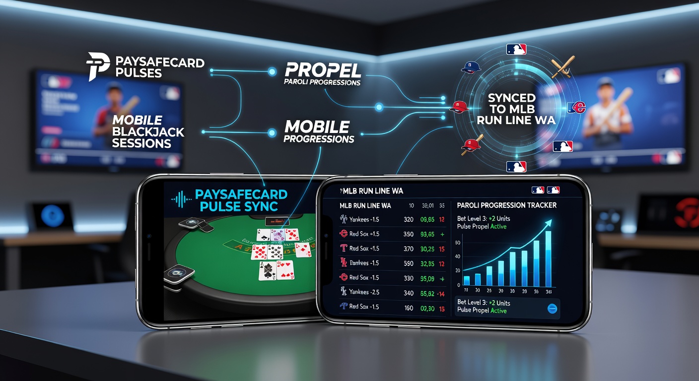 Schermafbeelding van een mobiele app met Paysafecard deposit, Paroli-tracker in blackjack en live MLB run line odds, toonmakend gesynchroniseerde sessie