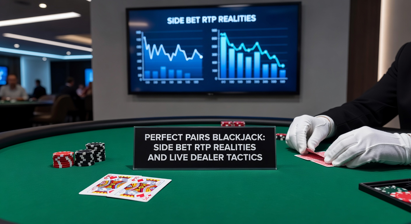 Een live dealer tafeltafel met Perfect Pairs Blackjack side bet opties zichtbaar op het scherm, kaarten en fiches in actie