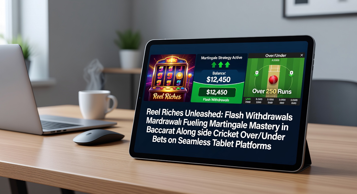 Tablet met baccarat-tafel, cricket-wedstrijd en draaiende gokkastrollen op een dynamisch scherm, symboliserend snelle uitbetalingen en strategieën