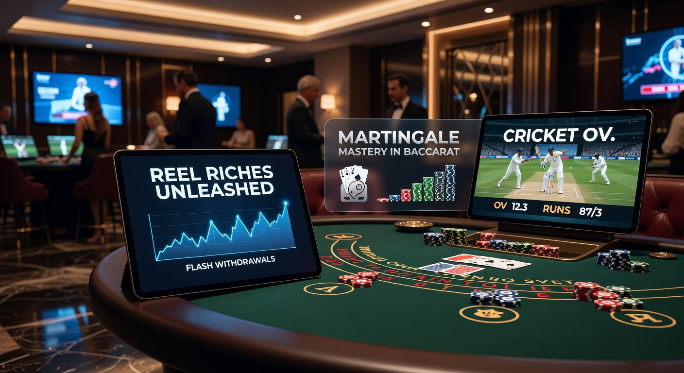 Dynamische tablet-interface met cricket-scoreboard, baccarat-dealer en Reel Riches-slotuitbetalingsscherm, illustrerend multi-game strategieën