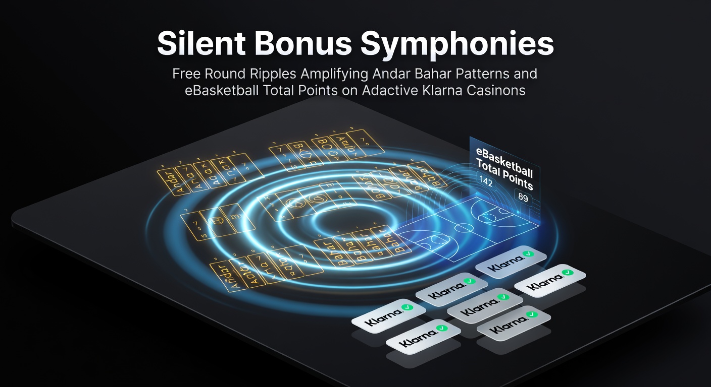 Grafische weergave van golvende bonusronde-effecten in een digitaal casino met Andar Bahar-kaarten en eBasketball-statistieken op een Klarna-betaalscherm