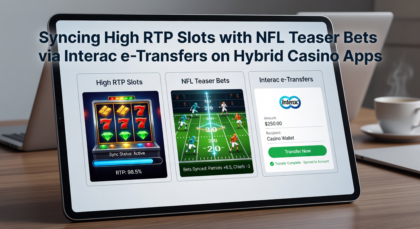 Schermafbeelding van een hybride casino-app met high RTP-slot en NFL-teaserweddenschap naast een Interac-overdracht