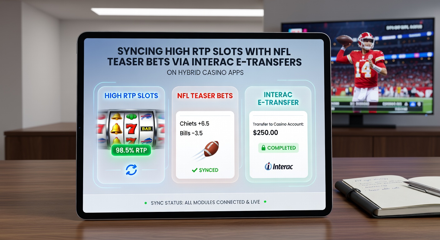 Voorbeeld van een NFL-teaser bet gecombineerd met een high RTP-slot op een hybride app-scherm, inclusief Interac-transactie