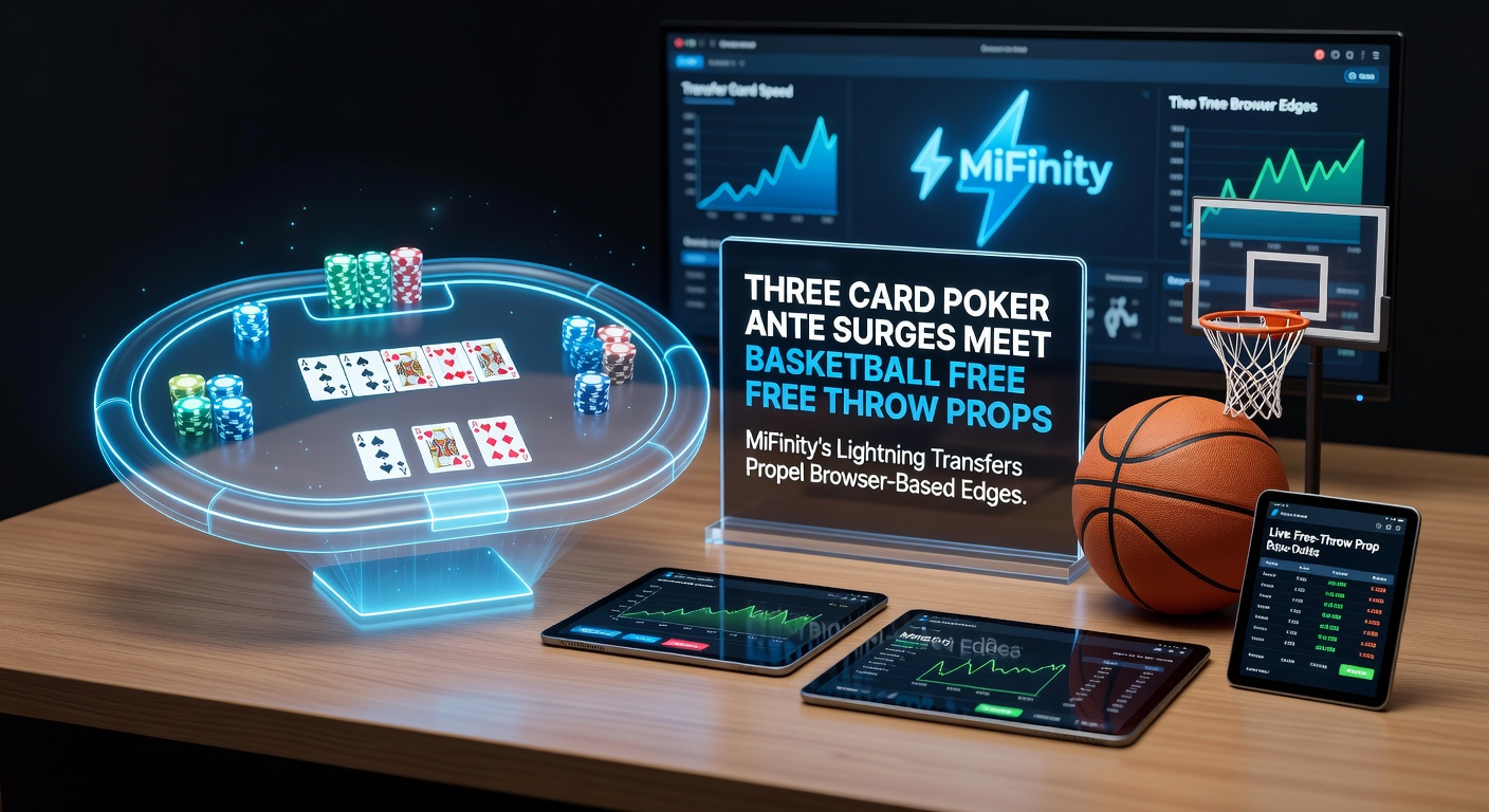 Drukke online gaming sessie met Three Card Poker ante bets naast live basketbal free throw props op een browser scherm, MiFinity logo zichtbaar in de betalingsbalk