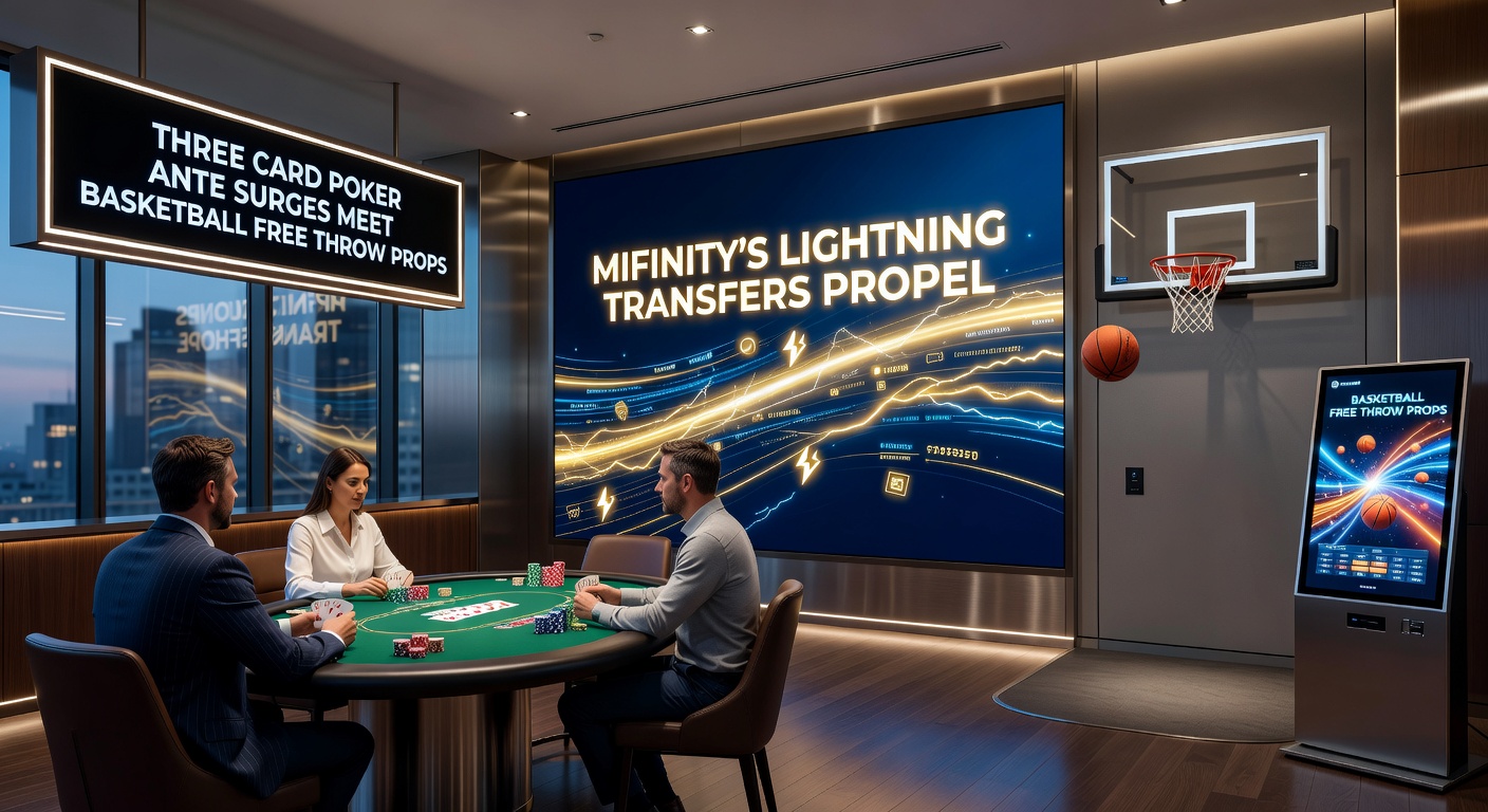 Browser interface toont MiFinity transfer voltooid, met Three Card Poker win en basketbal free throw prop inzet live op een NBA-wedstrijd