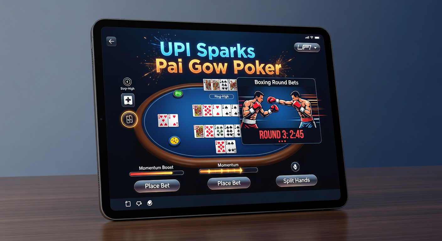 Schermafbeelding van een iOS-app met Pai Gow Poker-tafel en bokswedstrijd-statistieken naast UPI-betaaloptie